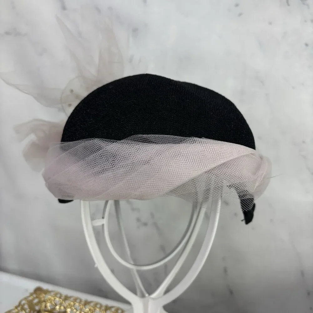 Vintage 1950s 60s Woven Cloche Hat Pink Tulle Bow Star Cocktail Fascinator MCM